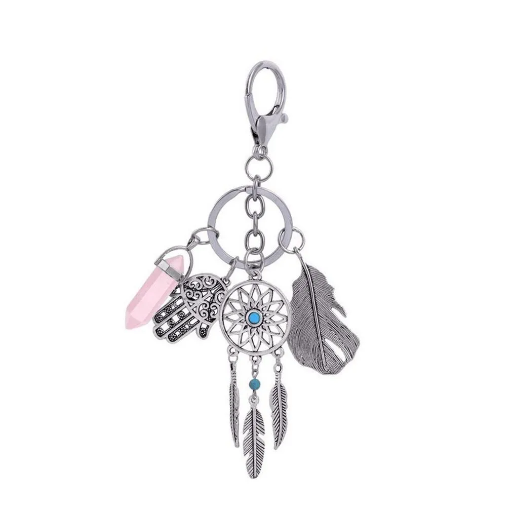 Dream Catcher Feather Keychain Hamsa Hand Fatima Hexagonal Prism Chakra Natural Stone Crystal Pendant Keyring Retro Key Chain Rings