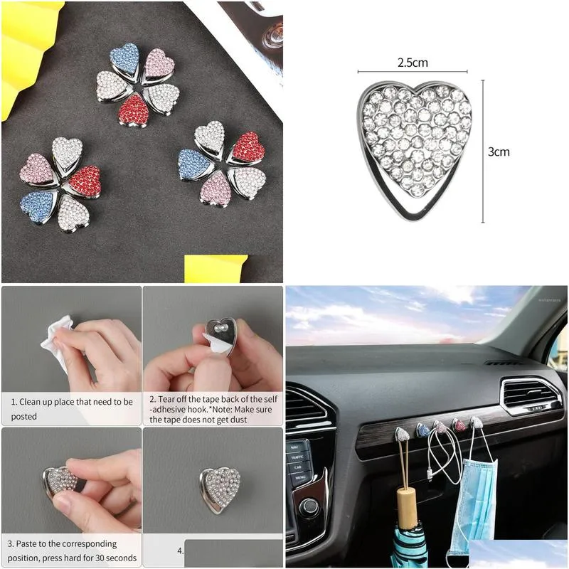 Interior Decorations Bling Heart Charm Car Hooks, Multifunctional Colorful Crystal Auto Backseat Hangers, Self-adhesive Wall Hanging Hook