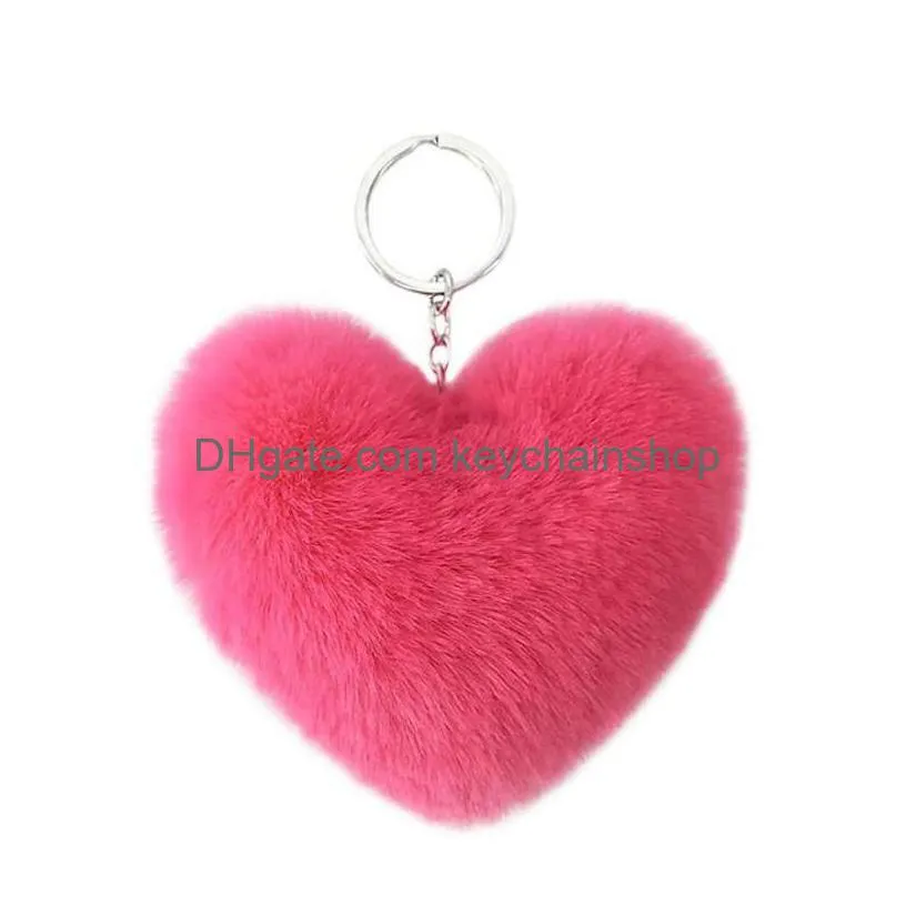 fluffy pompom keychain soft solid color heart shape faux rabbit fur ball car handbag key ring gift accessories
