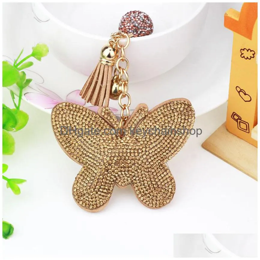 fashion butterfly pendant keychain for women girls rhinestone key ring holder pu leather car key chains accessories