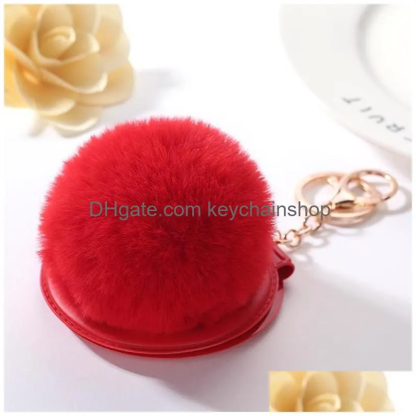 pu mirror keychain rabbit faux ball keyring super noticeable mini folding mirror key fobs fur plush pompoms keychain