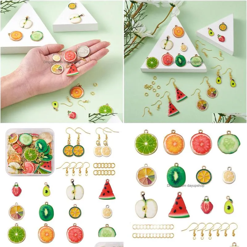 acrylic plastic lucite 144pcs/box diy fruit theme earrings making kits with alloy enamel pendants brass earring hooks close but unsoldered jump rings