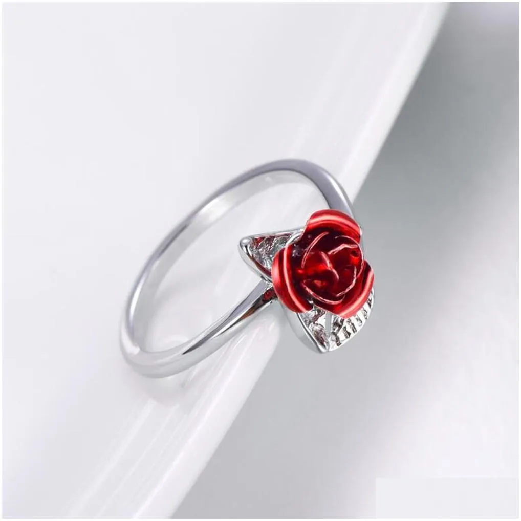 trendy red rose garden flower leaves open ring resizable finger rings for women valentine`s day gift jewelry