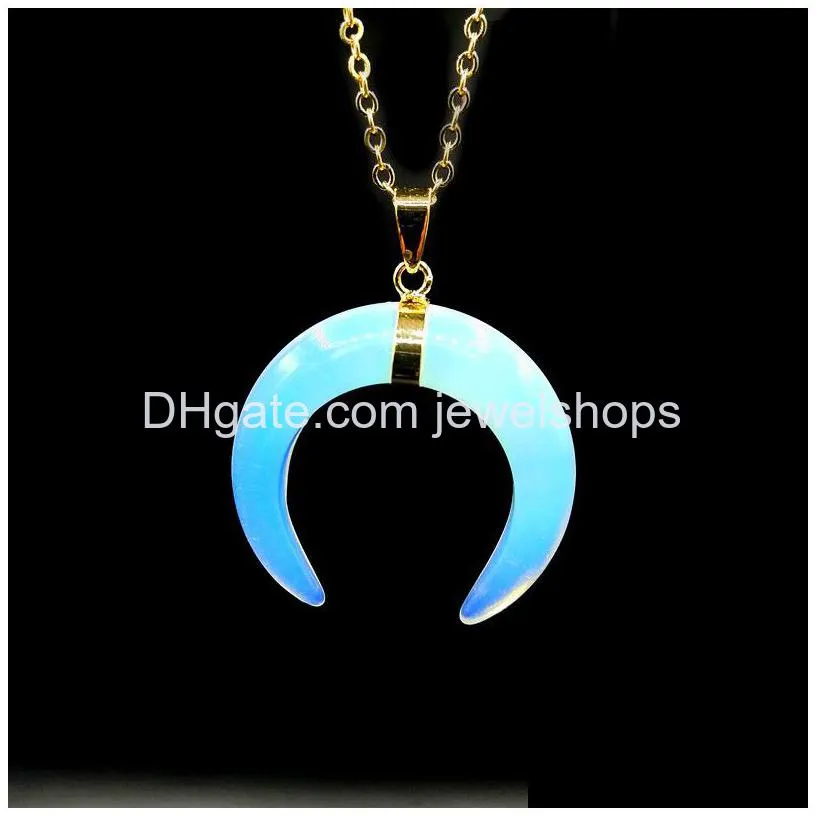 quartz stone horn pendant amethyst tiger eye crystal crescent moon amulet charm with brass chain necklace gift for ladies