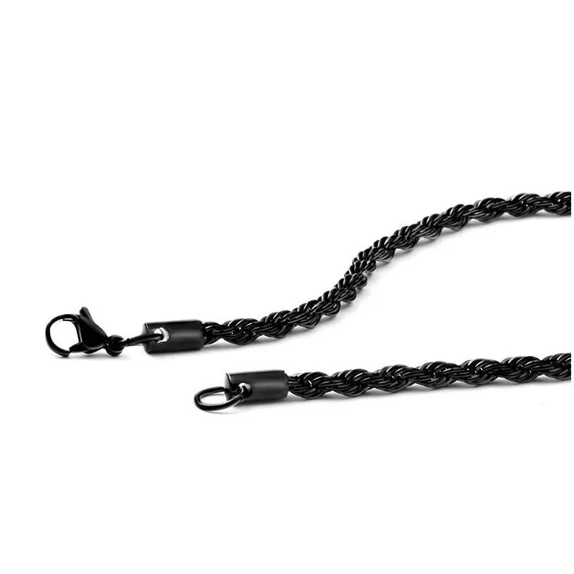 Black Twisted Rope Chains Not Fade Mens 304 Stainless Steel Basic Punk Choker Necklace for Women Fashion Design Hip Hop Jewelry Gift 2 3 4 5 6mm