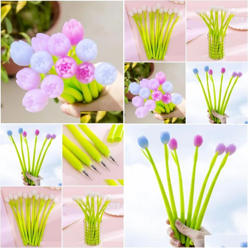 wholesale 20 pcs creative tulip silicone flower gel pen small  cute student examination sign pen stationary pens 210330