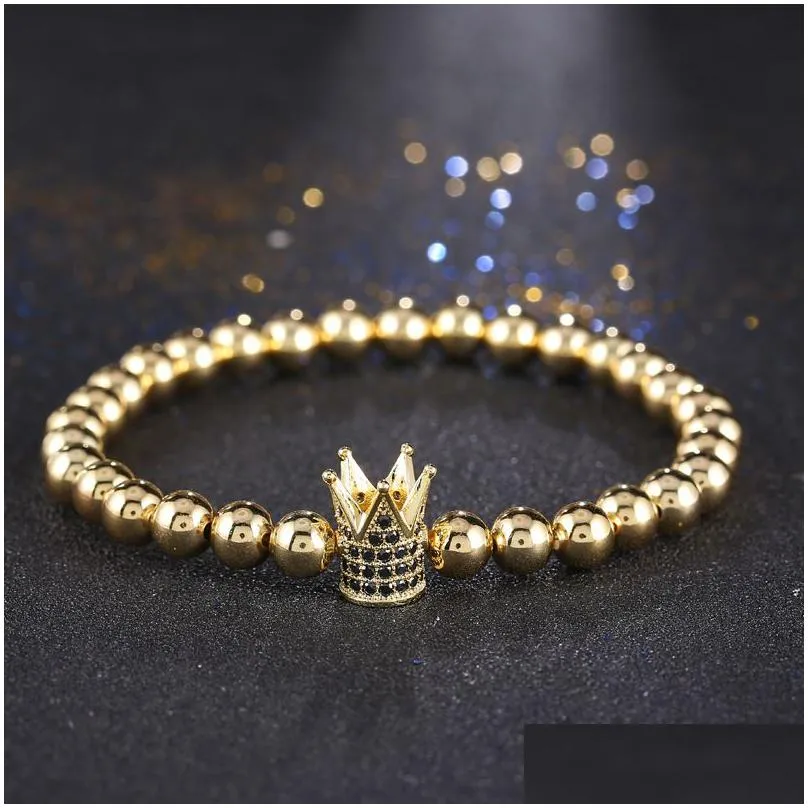 hot sale metal cz zirconia 4 clors king crown charm bracelet men dull polish bead bracelets for women