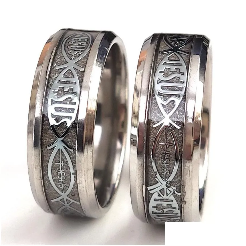 24pcs/lot high quality jesus letter 316l stainless steel ring top color mix religious christian fish finger rings men women wedding jewelry male bible