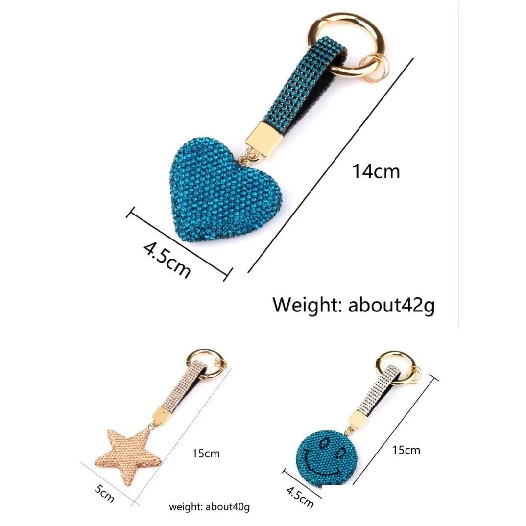 Keychains Colorful  Rhinestone Heart Round Star Keyring Chain Bling Shining Keychain Bag Car Hanging Pendant Jewelry