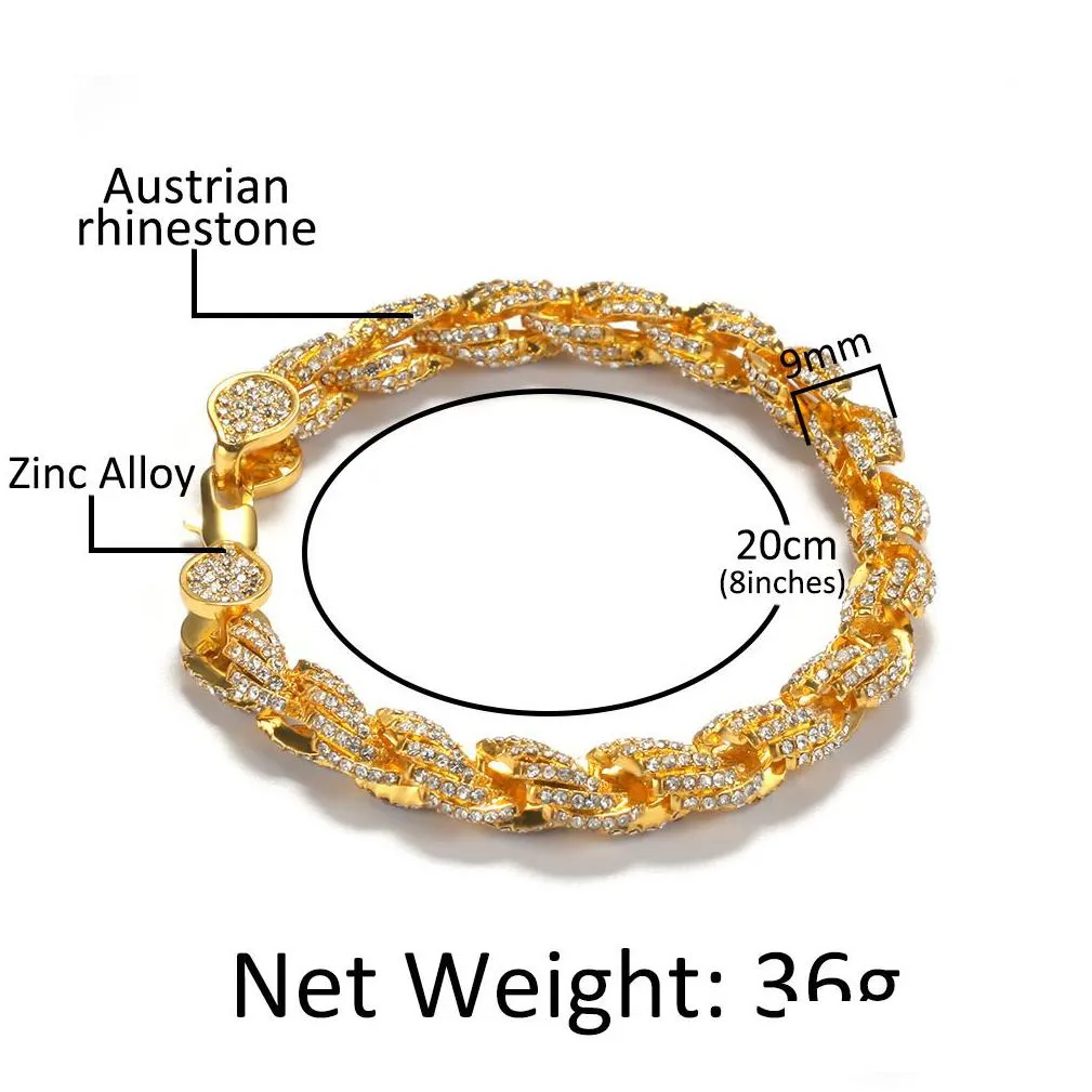 men items trendy 9mm 8inch iced out rope chain bracelet gold silver rosegold for men hip hop jewelry