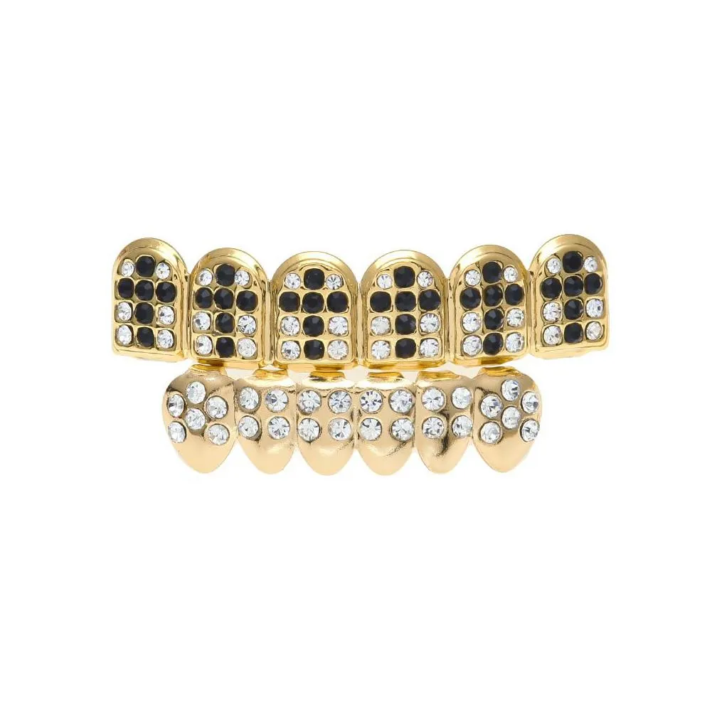 new gold plated iced out black cz rhinestone hip hop teeth for mouth grillz caps top bottom grill set vampire teeth