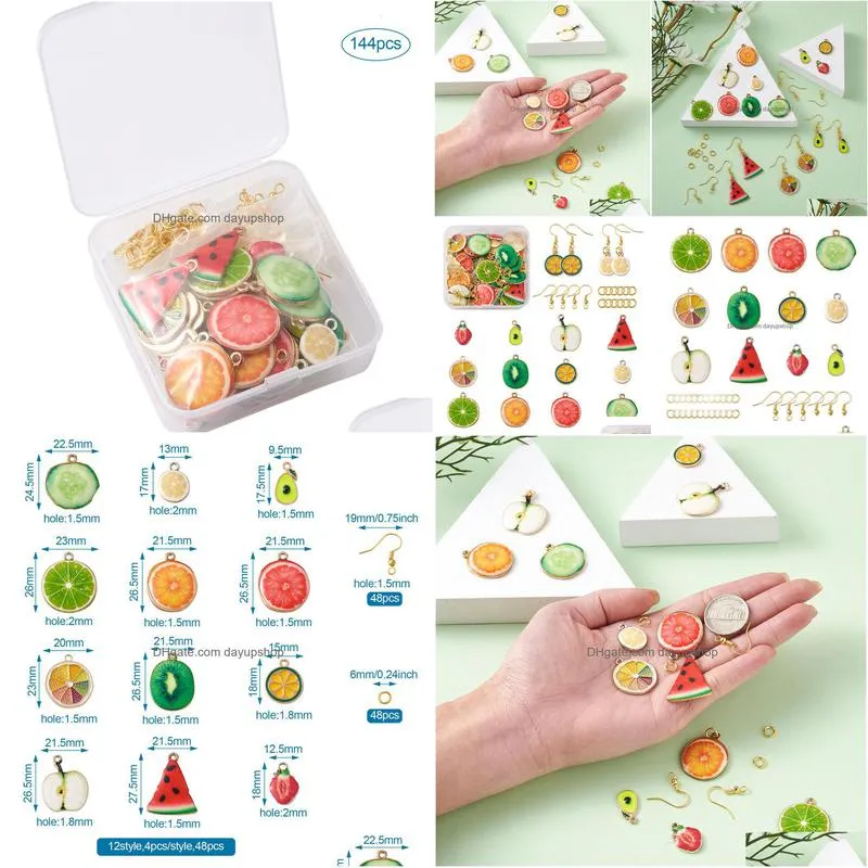 acrylic plastic lucite 144pcs/box diy fruit theme earrings making kits with alloy enamel pendants brass earring hooks close but unsoldered jump rings