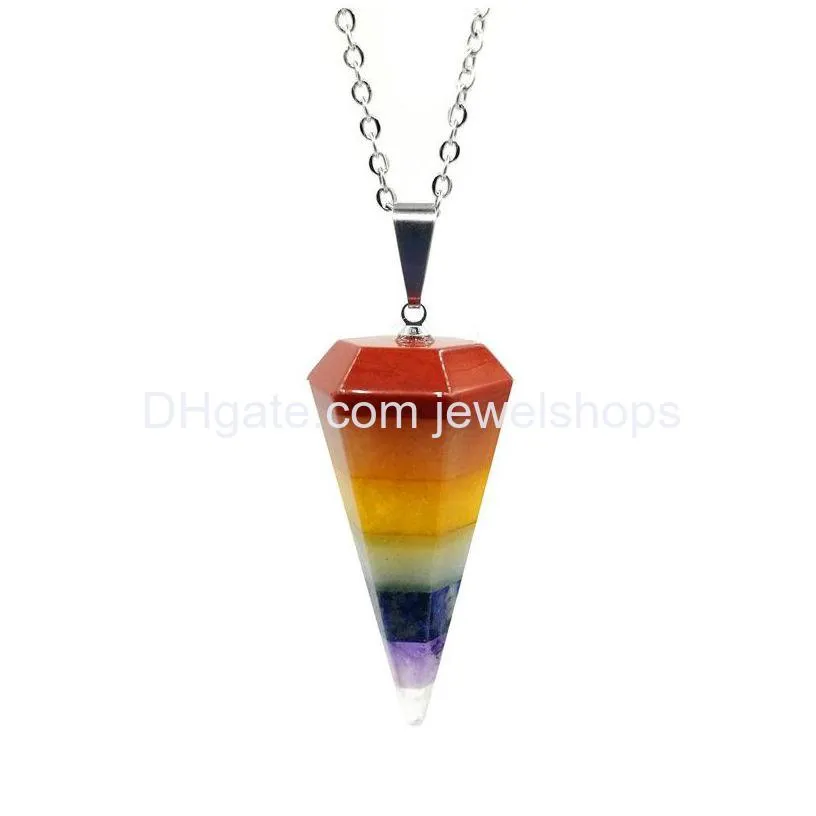 seven chakra hexagonal cone pendant candy color style layered dowsing pendulum gemstone charm with stainless steel chain for yoga