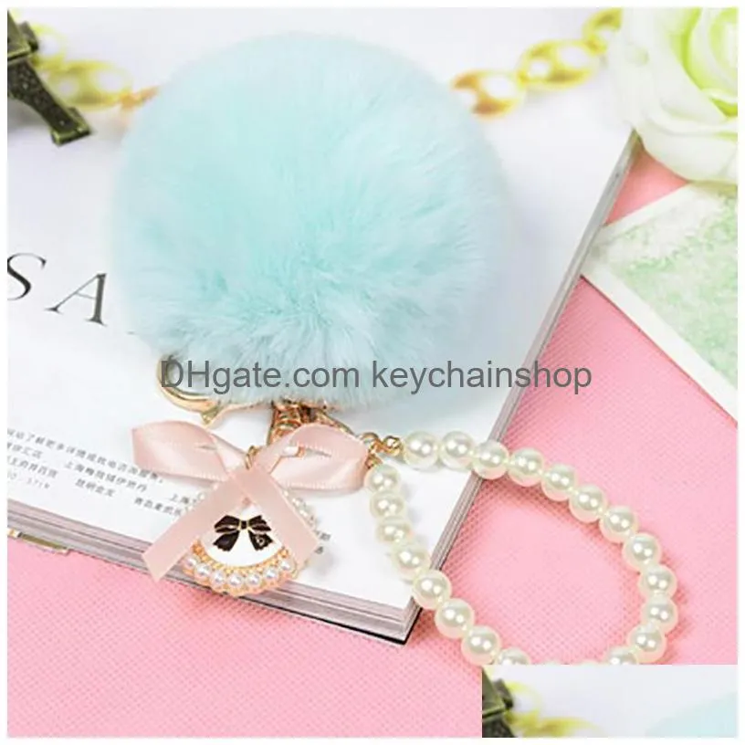 pearl pompoms key rings jewelry fluffy rabbit fur ball keychain women fashion creative fuzzy plush keyfobs holder