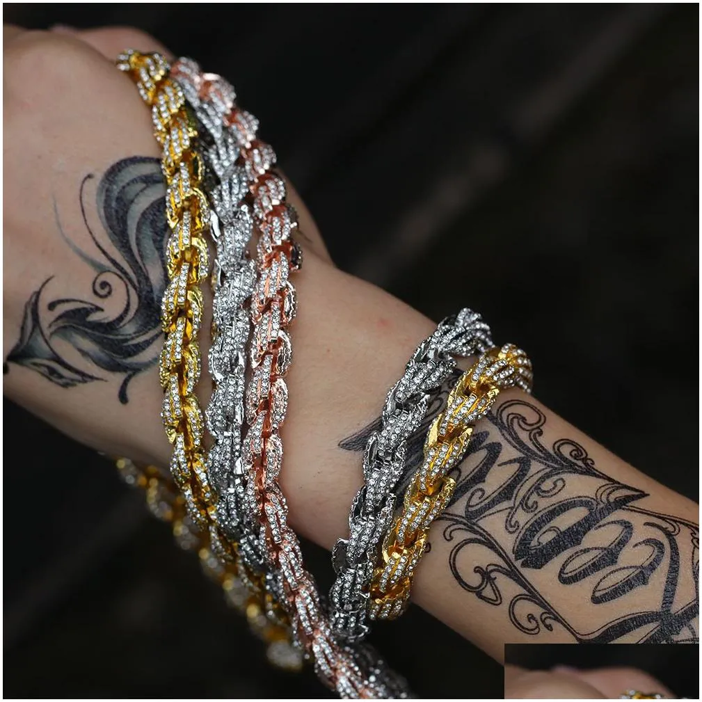men items trendy 9mm 8inch iced out rope chain bracelet gold silver rosegold for men hip hop jewelry