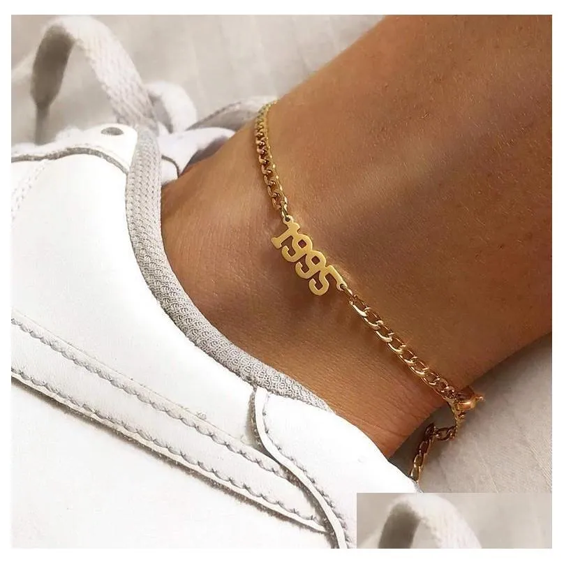 1980-1998 birth year anklet leg bracelet jewelry stainless steel rose gold color custom number anklet for women gifts