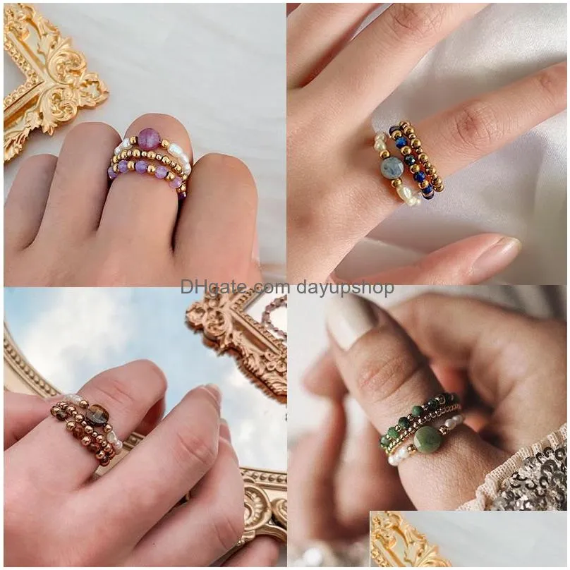 cluster rings momiji 3mm mixed color natural stone for women stainless steel bead elastic rope bohemian fashion jewelry gifts