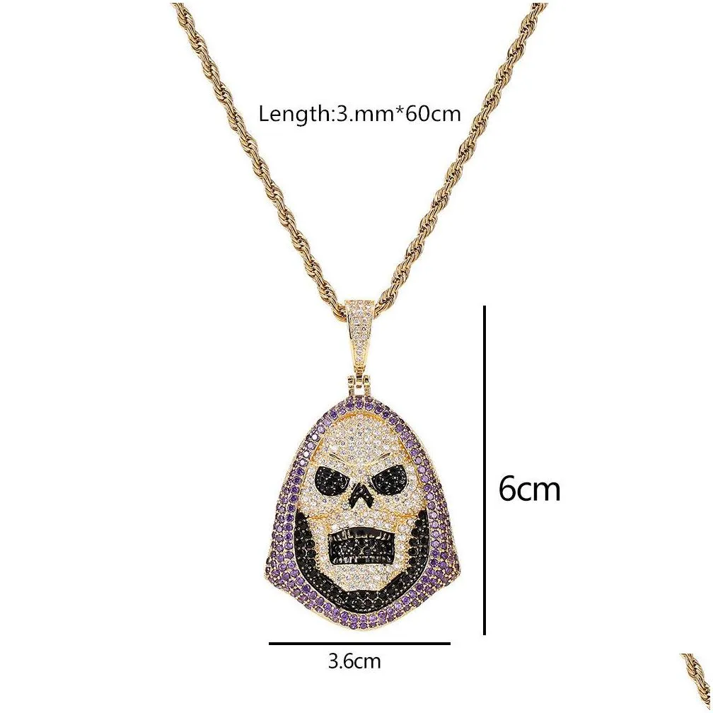 hip hop hoody skull purple stone pendant necklace tennis chain gold silver cubic zirconia rock jewelry