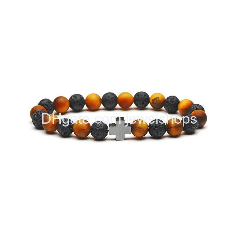 matt tiger eye onyx hematite cross bracelet gemstone power beads beaded stretch bracelet for man woman