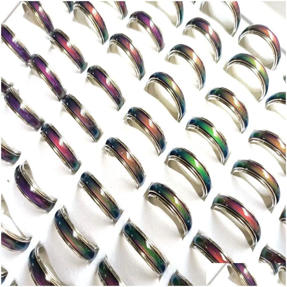 20pcs/lot 6mm 8mm wide men women change color mood ring emotional temperature glazed male fashon ring silver plate alloy retro vintage jewelry wholesale