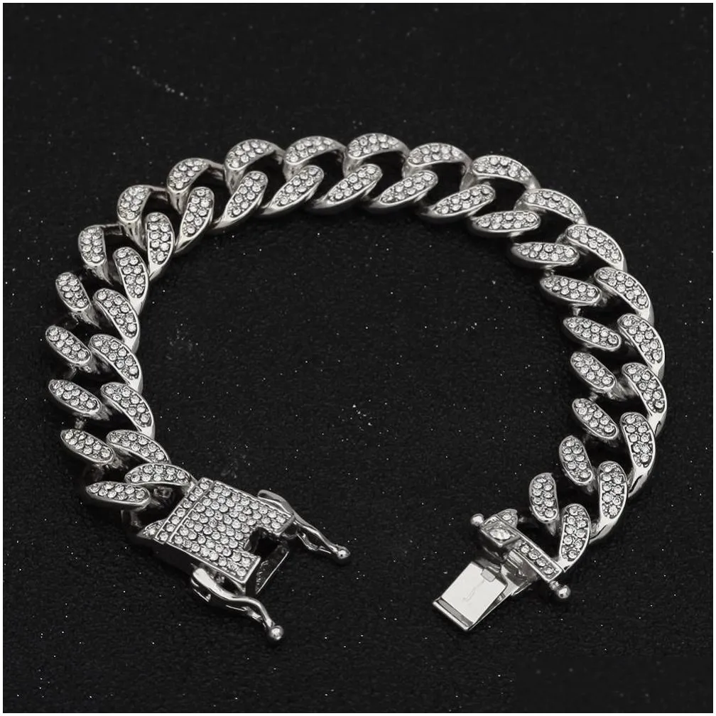 13mm  cuban link chain gold silver necklace bracelet set iced out crystal rhinestone bling hip hop for men