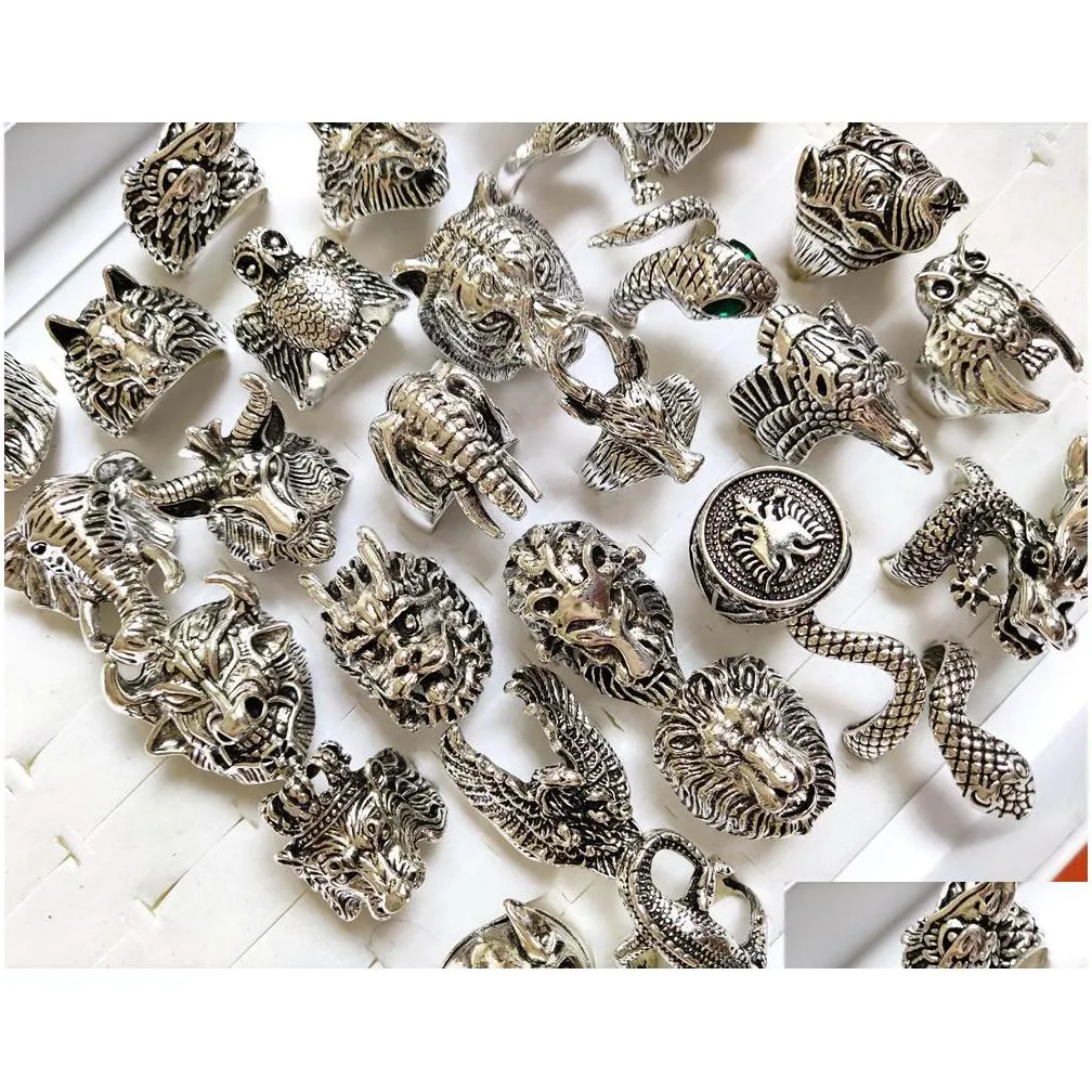 wholesale 20pcs big exaggerate ferocious animal metal ring mens punk rock party ring 20 different designs top mix wholesale jewelry