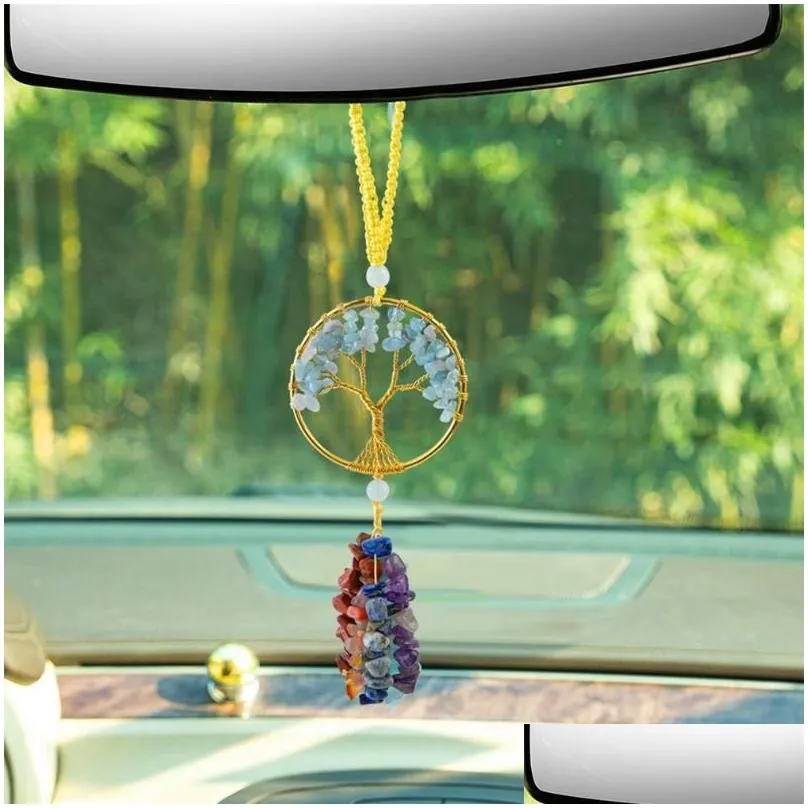 Crystal Decor Tree Of Life Car Hanging Accessories 7 Chakras Stones Wall Meditation Ornaments Good Luck Home Decoration Interior