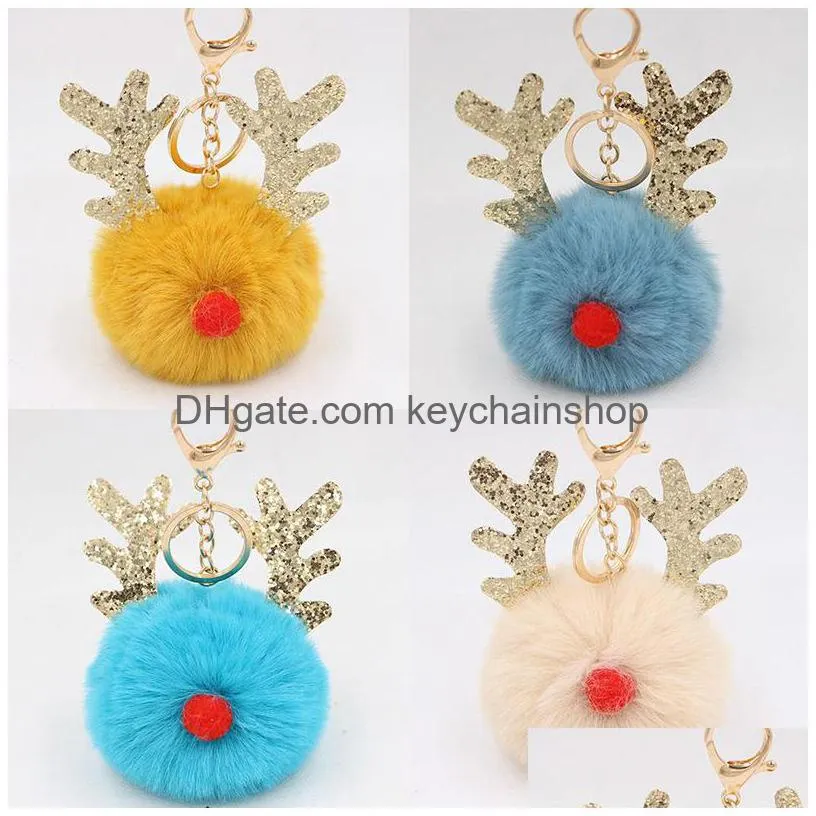 cute plush elk keychains pompom pendant key ring chains car keyring holder charm bag gifts christmas ornaments accessories