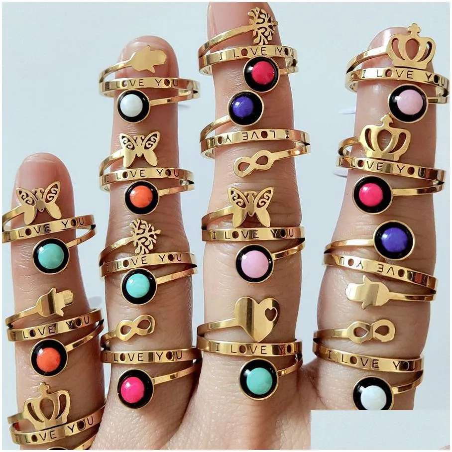 36pcs cute beads women ring fashion butterfly heart tree crown eyeball stainless steel charm party rings girls jewelry