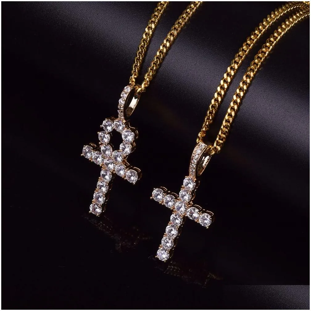 iced zircon ankh cross necklace jewelry set gold silver copper material bling cz key to life egypt pendants necklaces