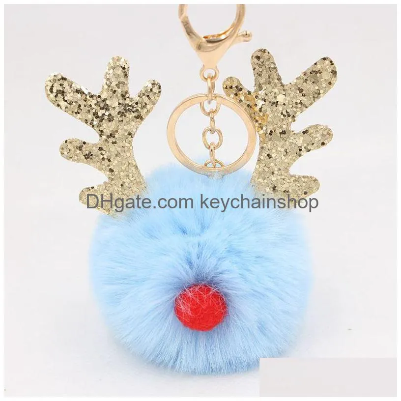 cute plush elk keychains pompom pendant key ring chains car keyring holder charm bag gifts christmas ornaments accessories