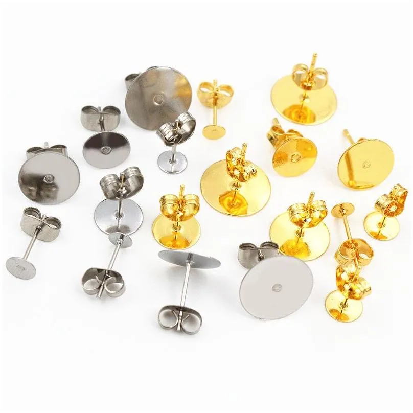 50-100pcs/lot gold stainless steel earring studs blank post base pins with earring plug findings ear back for diy jewelry making