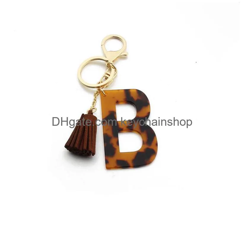 leopard print keychains a-z initial acetate pendant key chain ring cute car alphabet resin keyring holder charm bag couple gifts