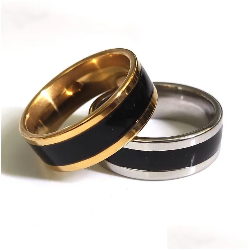 30pcs/lot gold silver stainless steel wedding bands rings 8mm comfort-fit top quality black enamel men women ring wholesale male