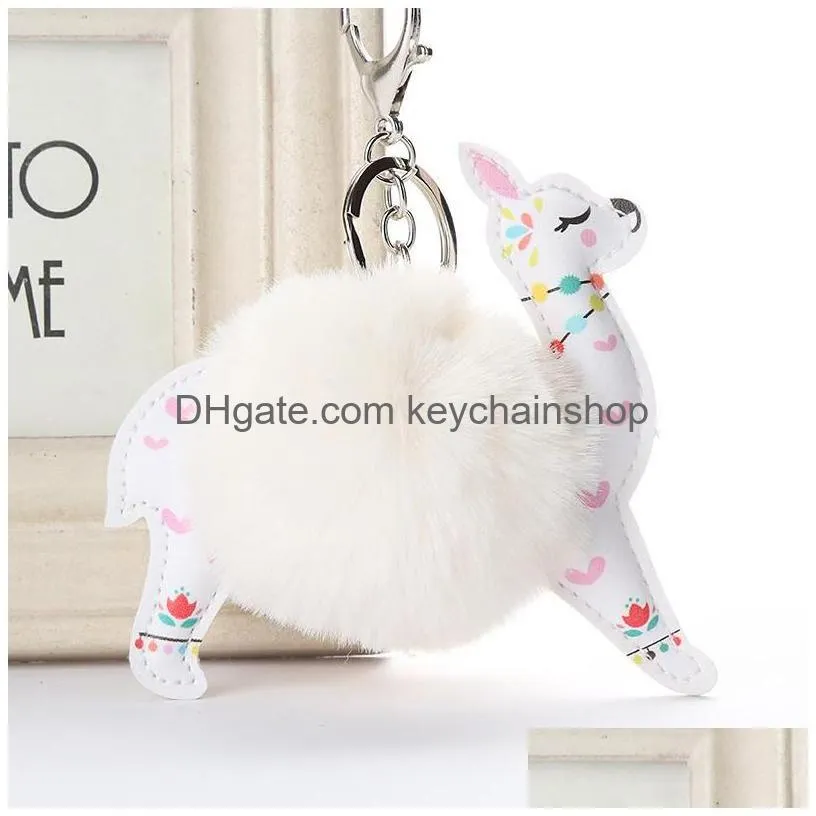 fluffy fur ball alpaca keychain leather animal keyring charm artificial rabbit fur pompom key chains women jewelry accessories