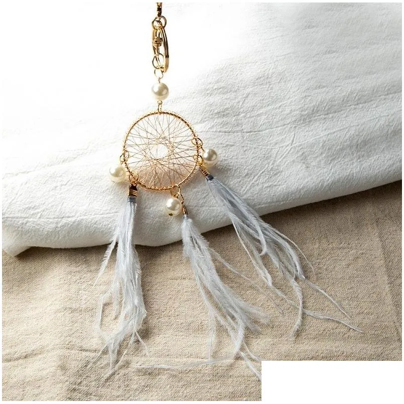 Pearl Feather Key Chains Holder Dreamcatcher Pendants Car Keychain Keyrings for Girls Women Bag Hanging Fashion Charm Key Rings