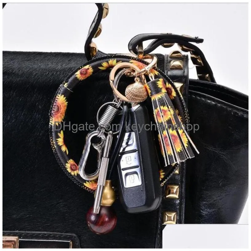 18 colors leather wristlet tassel leopard bracelet bangle key holder key chain ring leather wrap sunflower key ring bangle chains