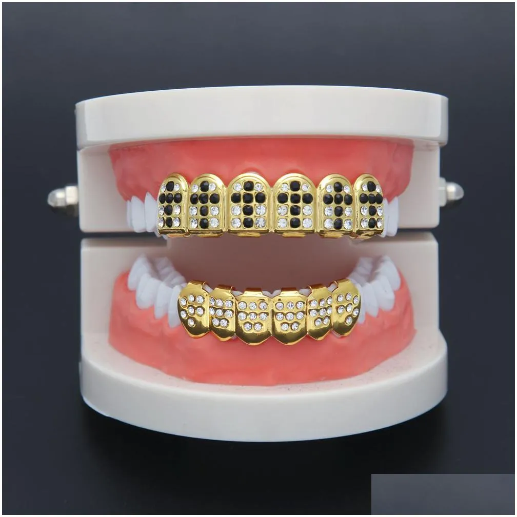 new gold plated iced out black cz rhinestone hip hop teeth for mouth grillz caps top bottom grill set vampire teeth