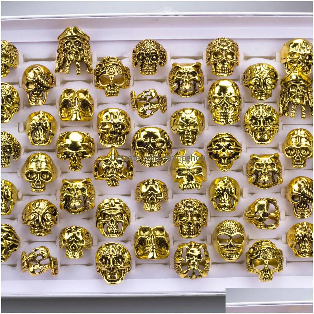 wedding rings 40 pcs/lot gothic punk big skull rings for women men skullies biker vintage antique silvery charm jewelry accessories wholesale