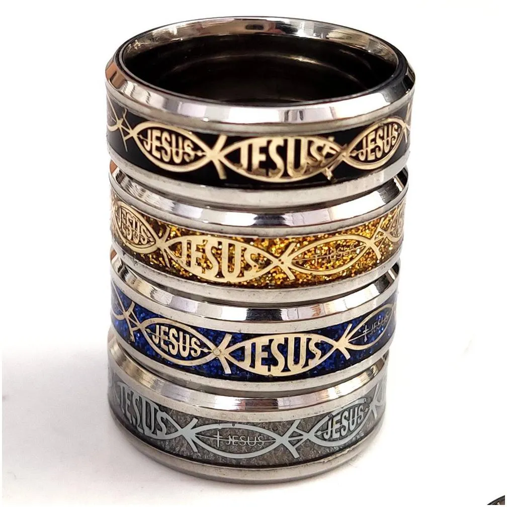 bulk lots 50pcs/lot top mix jesus letter 316l stainless steel ring for religious fish men women wedding jewelry male female fashion