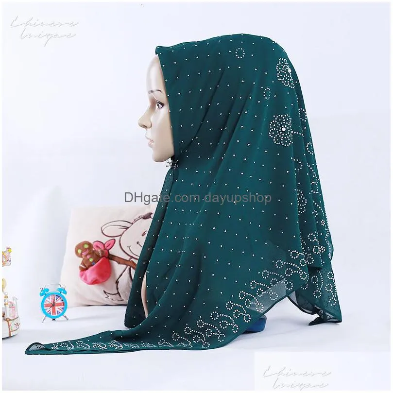 hijabs muslim women fashion headscarves square hijab chiffon scarves rhinestones veil islam diamond solid color folk-custom 230509