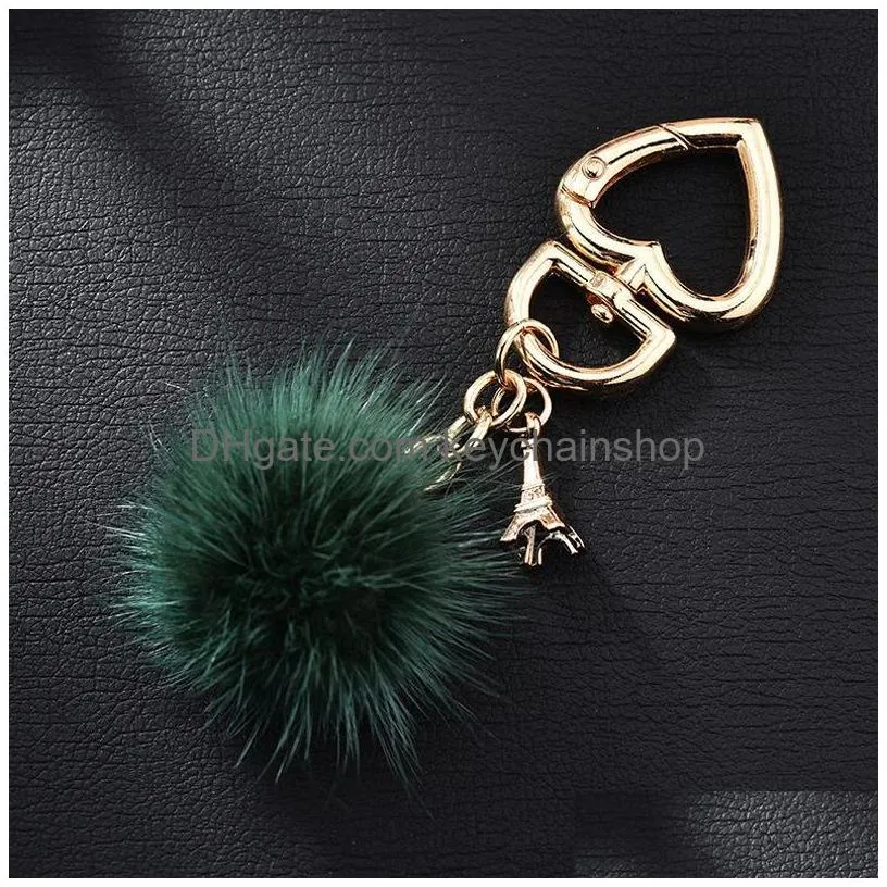 cute pompom car keychian for women men heart shaped key ring holder fake rabbit fur ball metal key chains jewelry gift