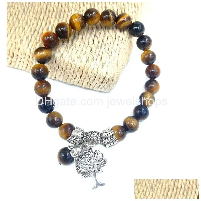 life tree beaded strands bracelet amethyst lapis tiger eye natural stone wisdom tree charm healing reiki yoga bracelets for men women