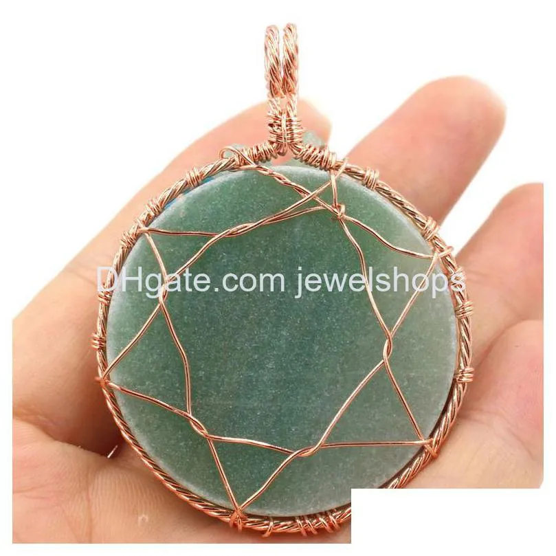 gemstone round cabochon life tree pendant chip stone wire wrapped quartz seven chakra t charm with brass chain necklace