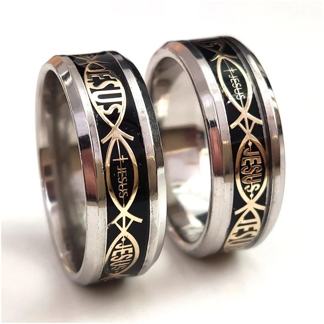 24pcs/lot high quality jesus letter 316l stainless steel ring top color mix religious christian fish finger rings men women wedding jewelry male bible