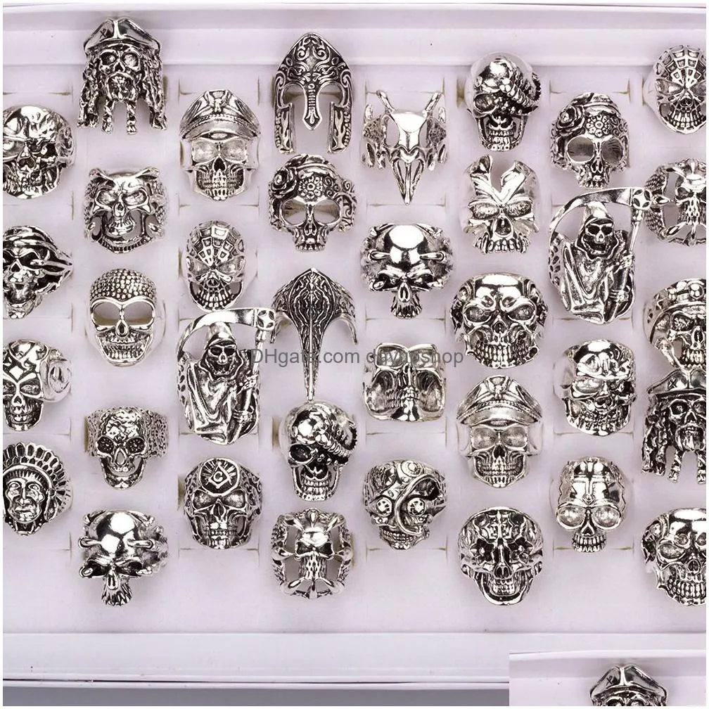 wedding rings 40 pcs/lot gothic punk big skull rings for women men skullies biker vintage antique silvery charm jewelry accessories wholesale