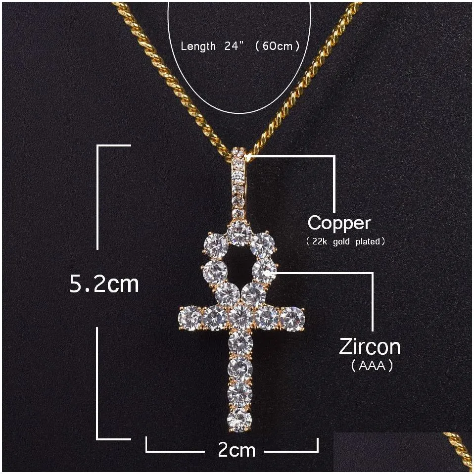 iced zircon ankh cross necklace jewelry set gold silver copper material bling cz key to life egypt pendants necklaces