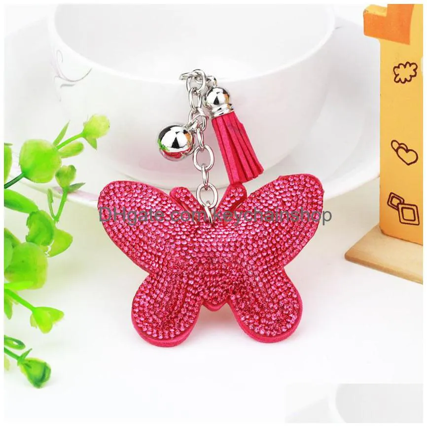 fashion butterfly pendant keychain for women girls rhinestone key ring holder pu leather car key chains accessories