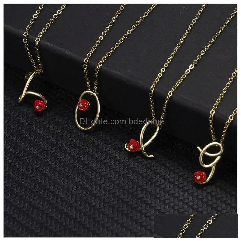 rose flower rhinestone initial letter pendant necklaces mix silver gold a to z necklace jewelry for sale