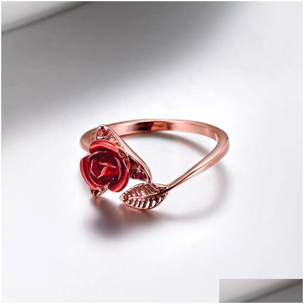 trendy red rose garden flower leaves open ring resizable finger rings for women valentine`s day gift jewelry